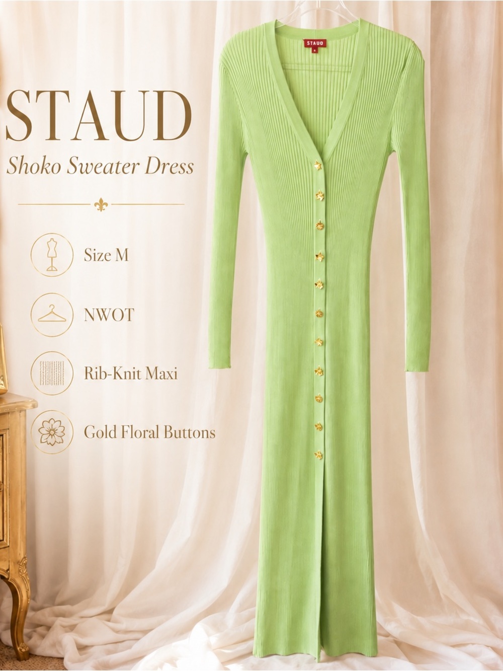 STAUD Shoko Sweater Dress Lime Green Rib Knit Gold Floral Button Maxi M